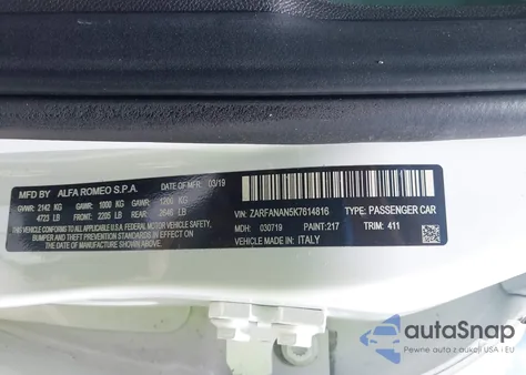 2019 Alfa Romeo Giulia Sport Awd from USA, damaged, VIN ZARFANAN5K7614816